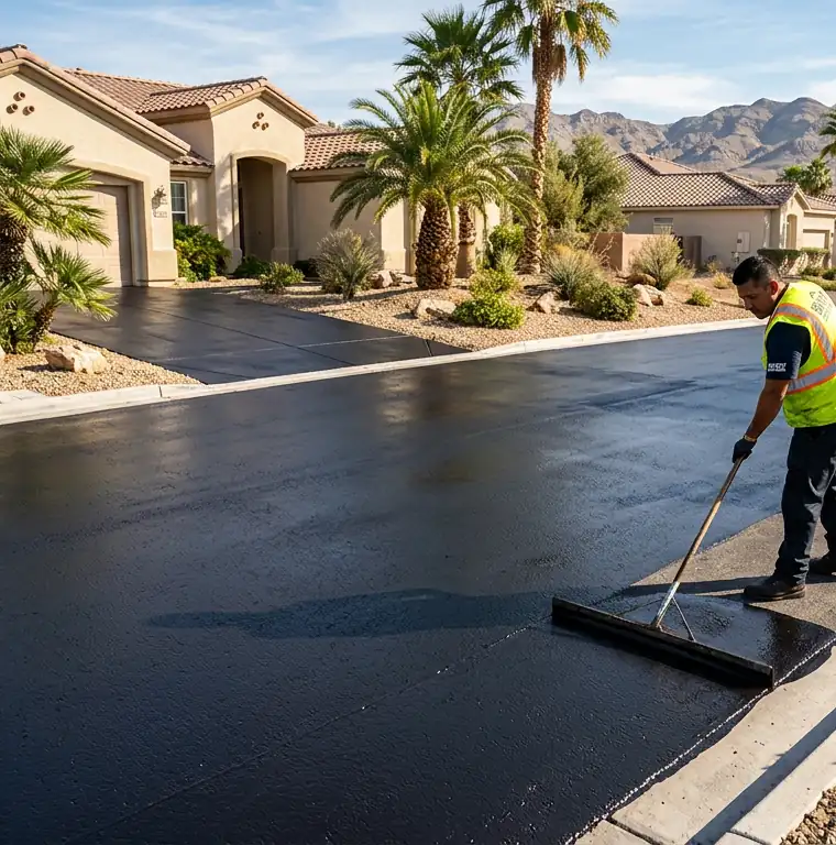 Worker squeegeeing sealcoat onto a residential driveway with desert mountains behind