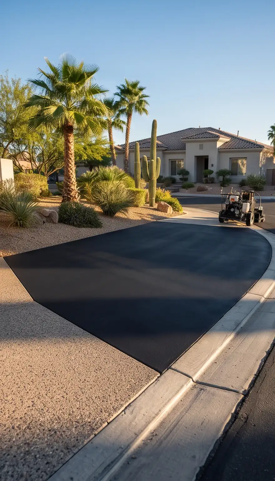 Freshly sealcoated black driveway curving past a desert-landscaped home with palm trees