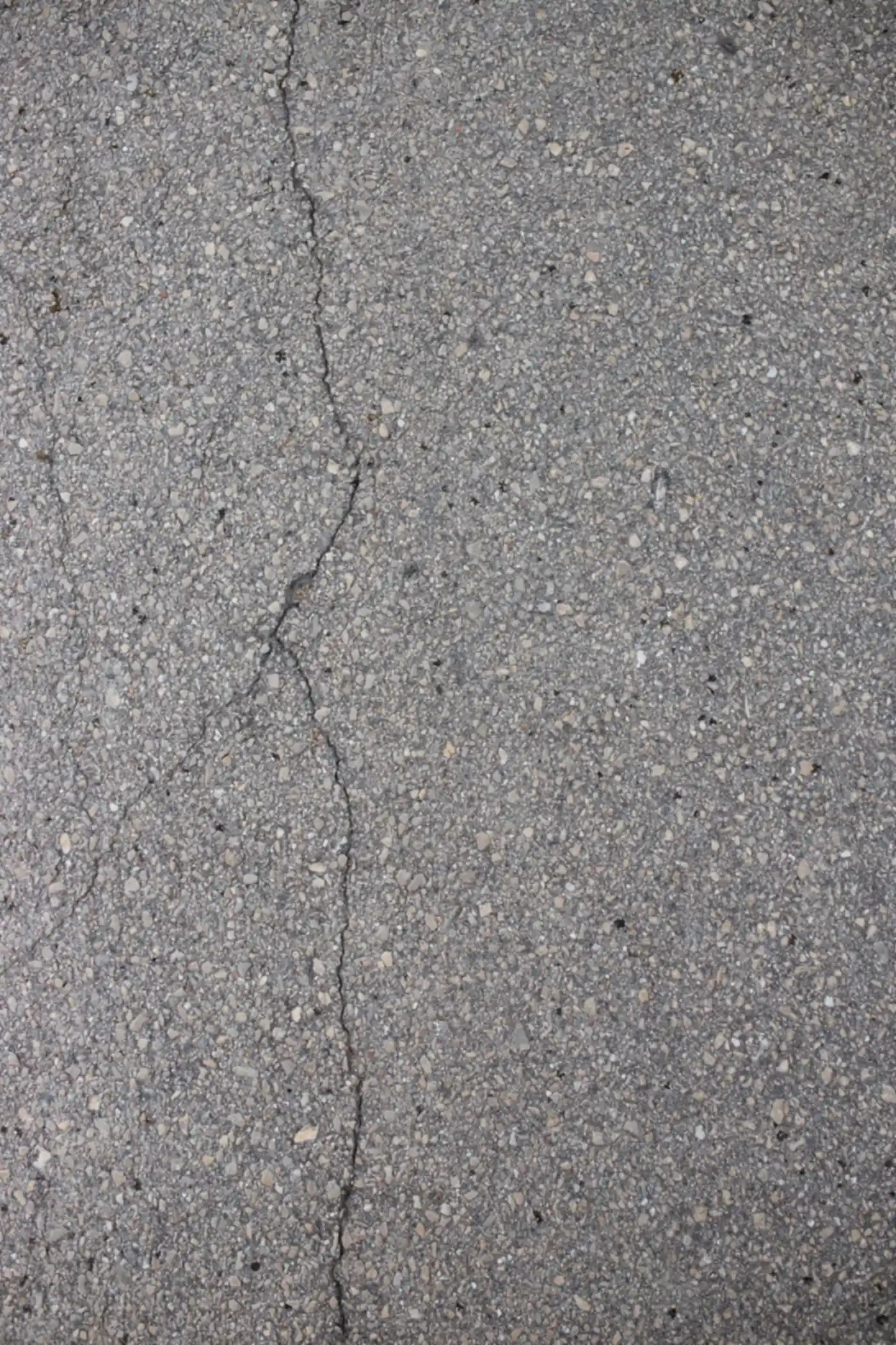 Thin hairline crack running across gray, sun-faded asphalt