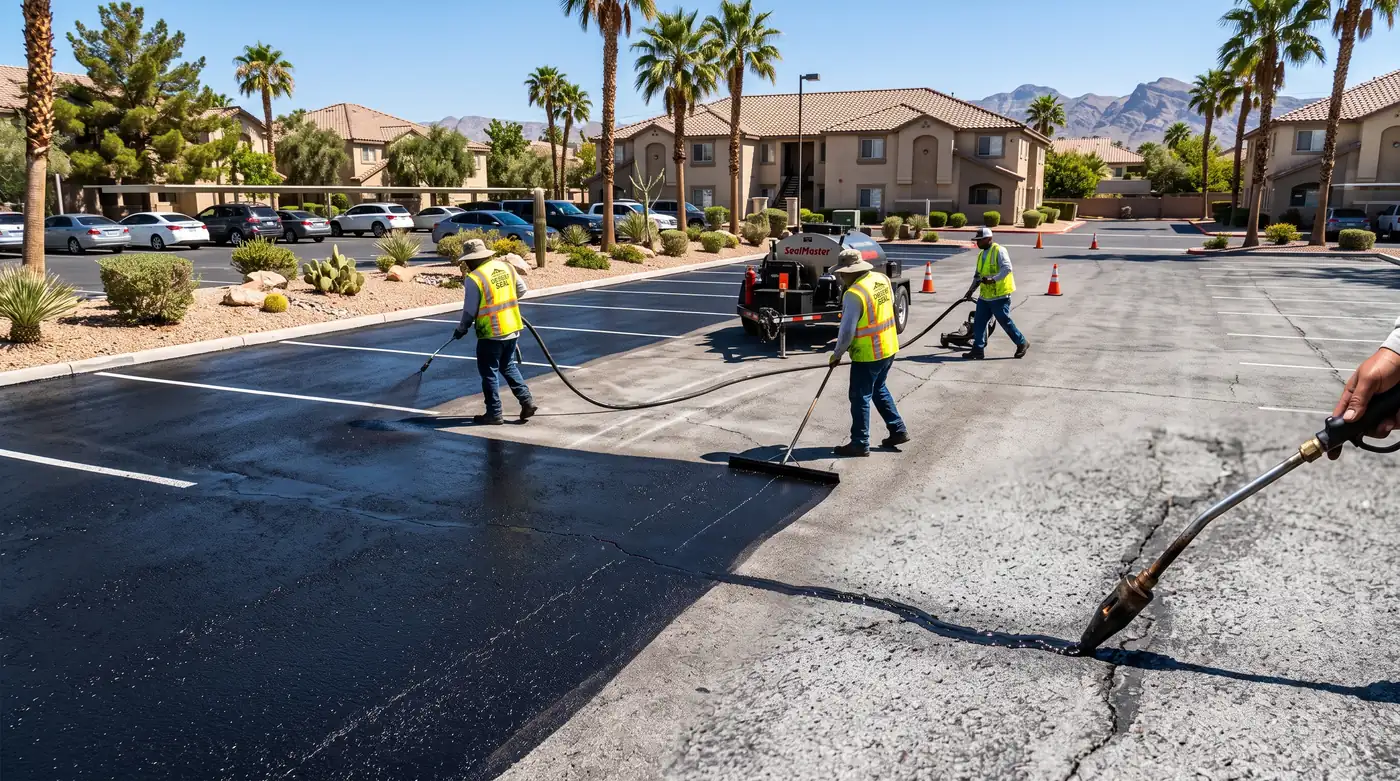 Crew squeegeeing fresh black sealcoat across a Las Vegas HOA parking lot lined with palm trees