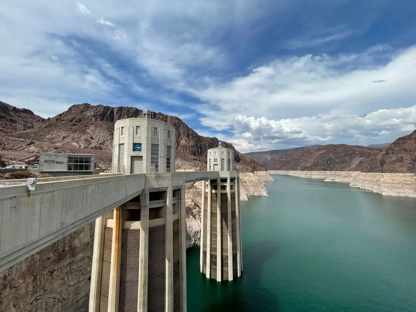Hoover Dam intake towers and Lake Mead on a sunny day