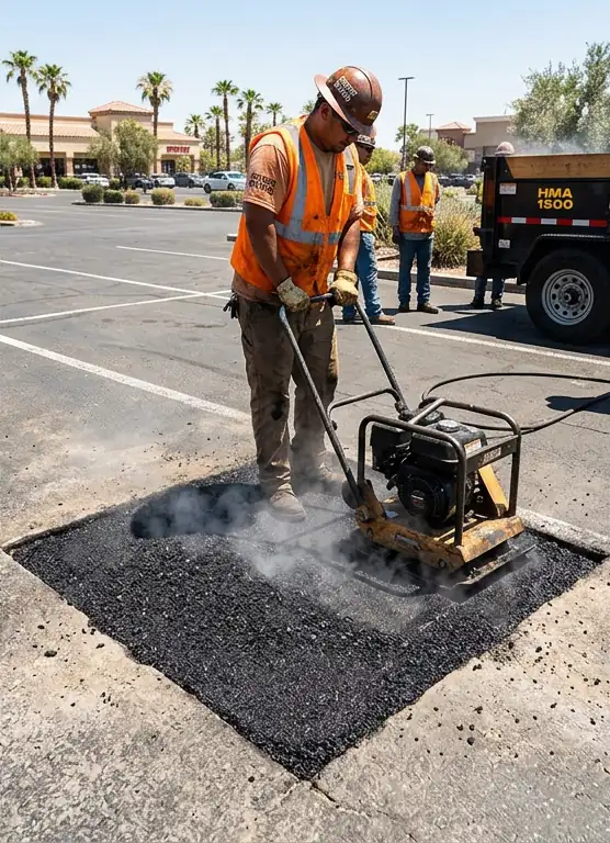 Worker compacting a square-cut hot mix asphalt pothole patch with a plate compactor