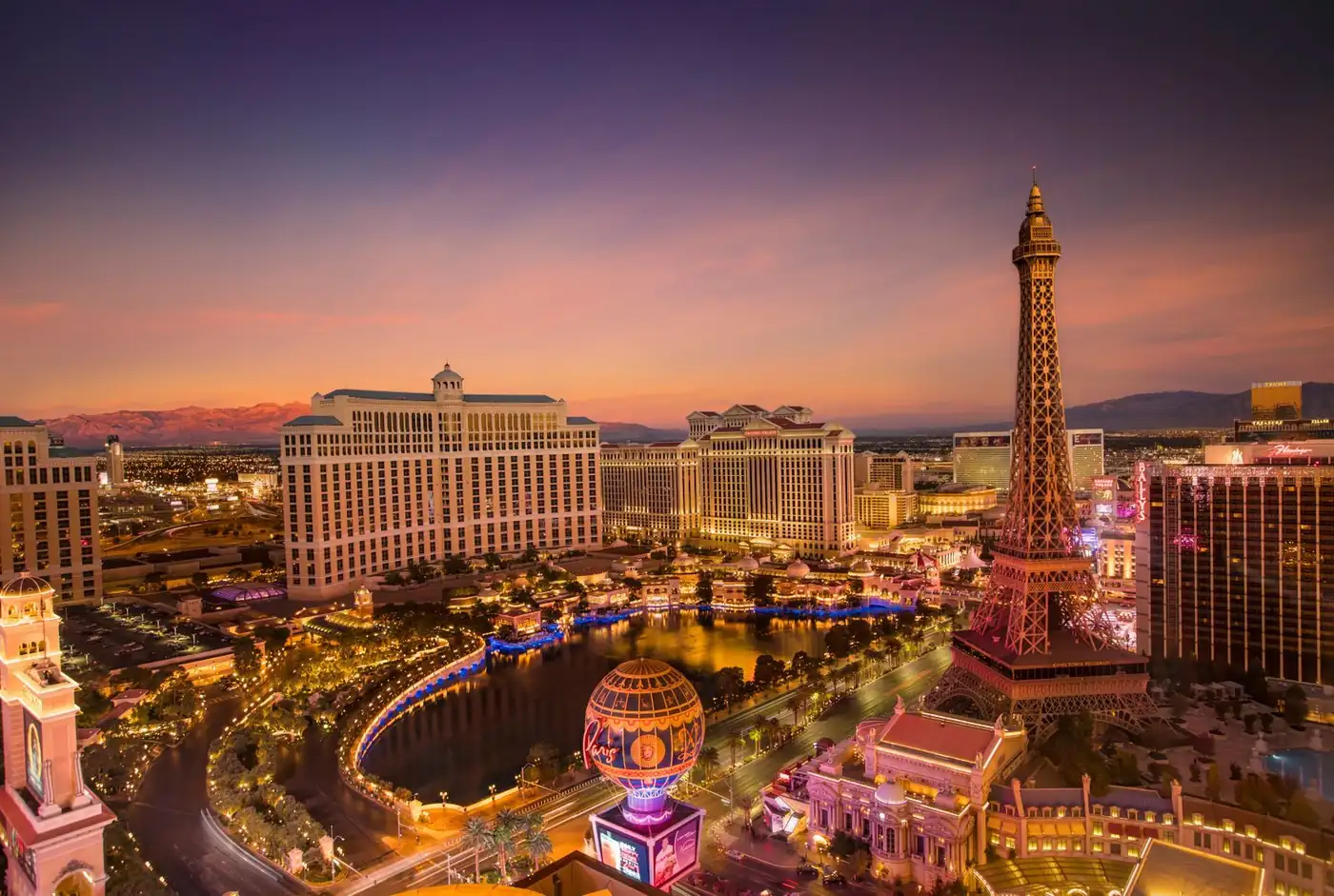 Las Vegas Strip resorts lit up at dusk