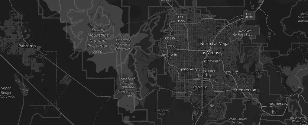 Map of the Las Vegas Valley from Pahrump in the west to Boulder City in the east, with Las Vegas, North Las Vegas, Summerlin, Spring Valley, Paradise, and Henderson in between